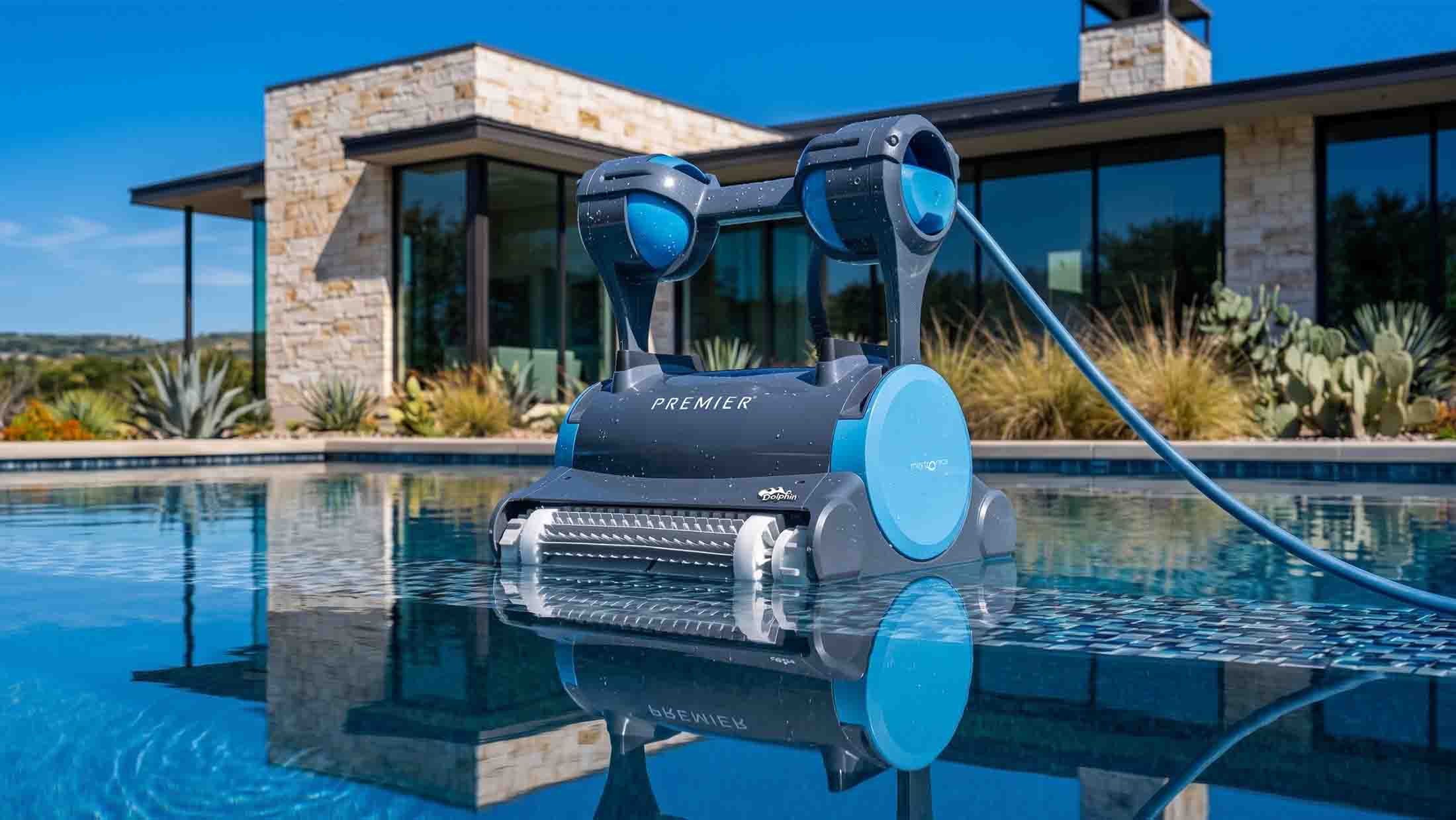Dolphin Premier robotic pool cleaner at the pool's edge – Dolphin pool cleaner dealers nationwide