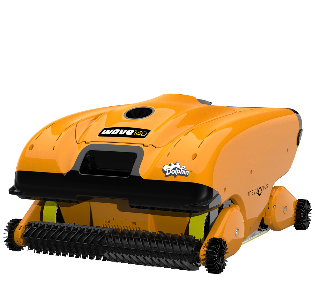Dolphin Wave 140 commercial robot with its full-width scrubbing brush and side brushes